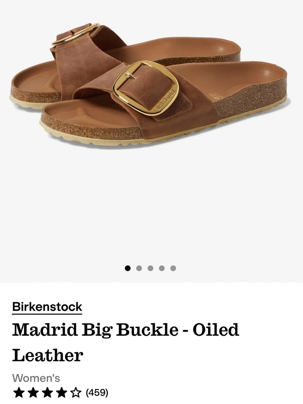 Birkenstock Madrid Big Buckle  Single-Band Slide in Cognac Brown with Gold Logo